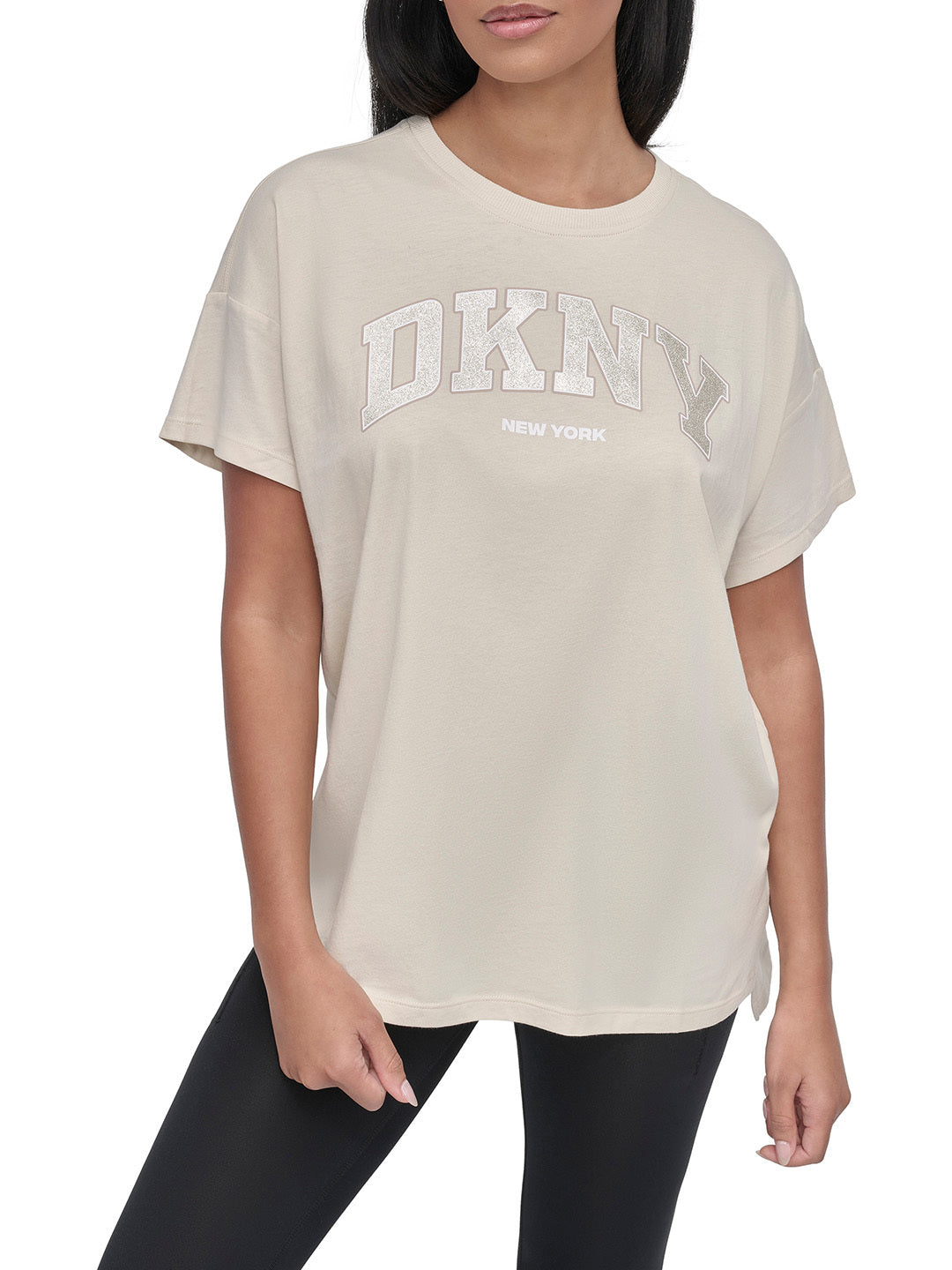 DKNY Women Beige Solid Round Neck TShirt