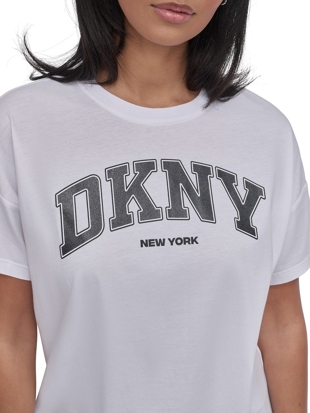 DKNY Women White Solid Round Neck Tshirt