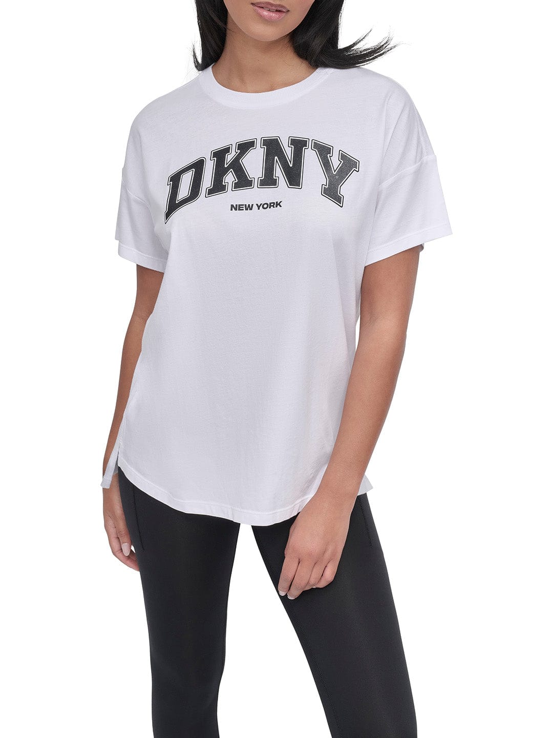 DKNY Women White Solid Round Neck Tshirt