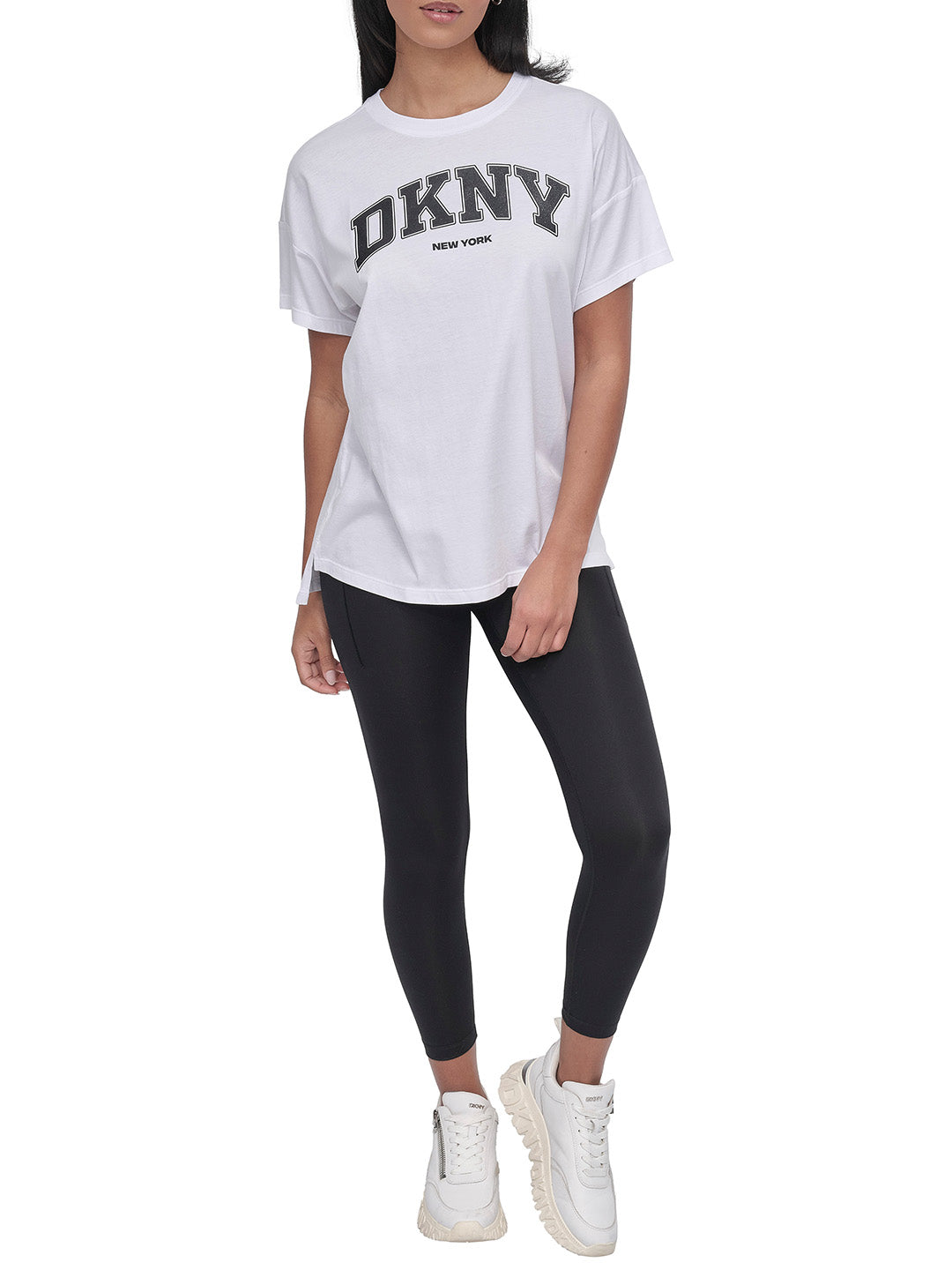 DKNY Women White Solid Round Neck Tshirt