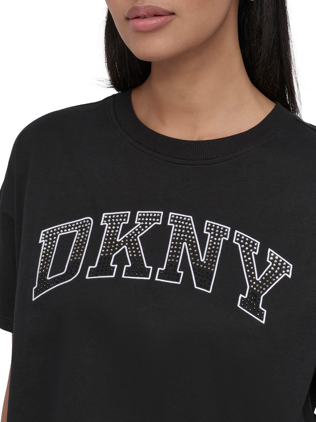 DKNY Women Black Embellished Round Neck Tshirt