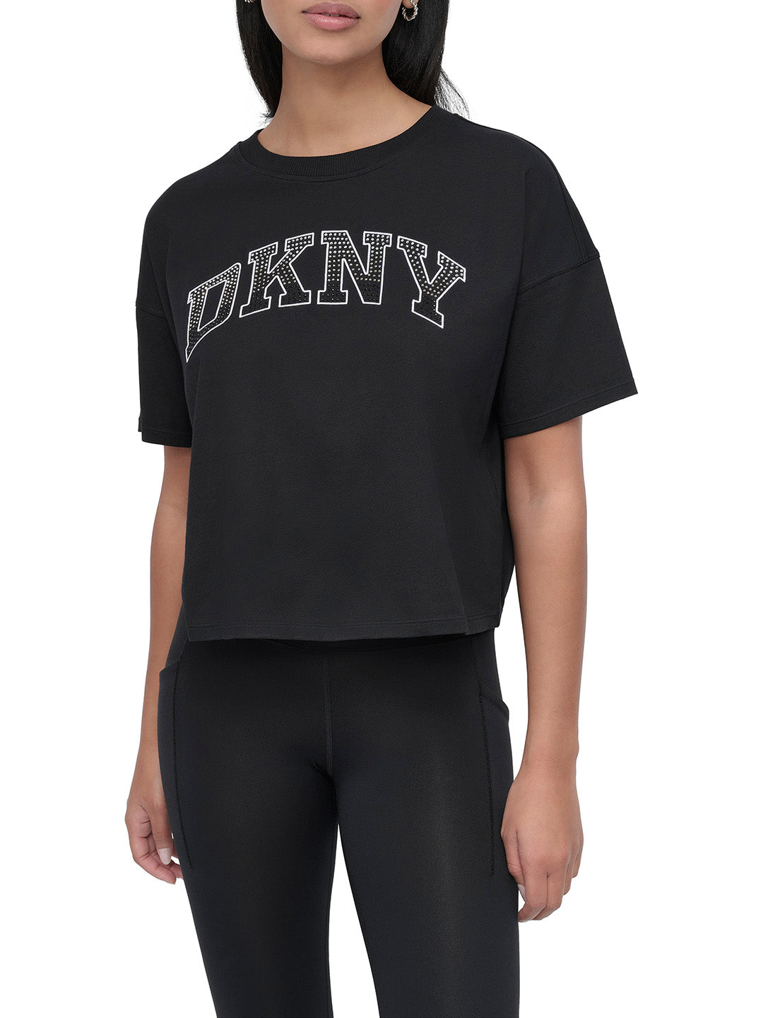 DKNY Women Black Embellished Round Neck Tshirt