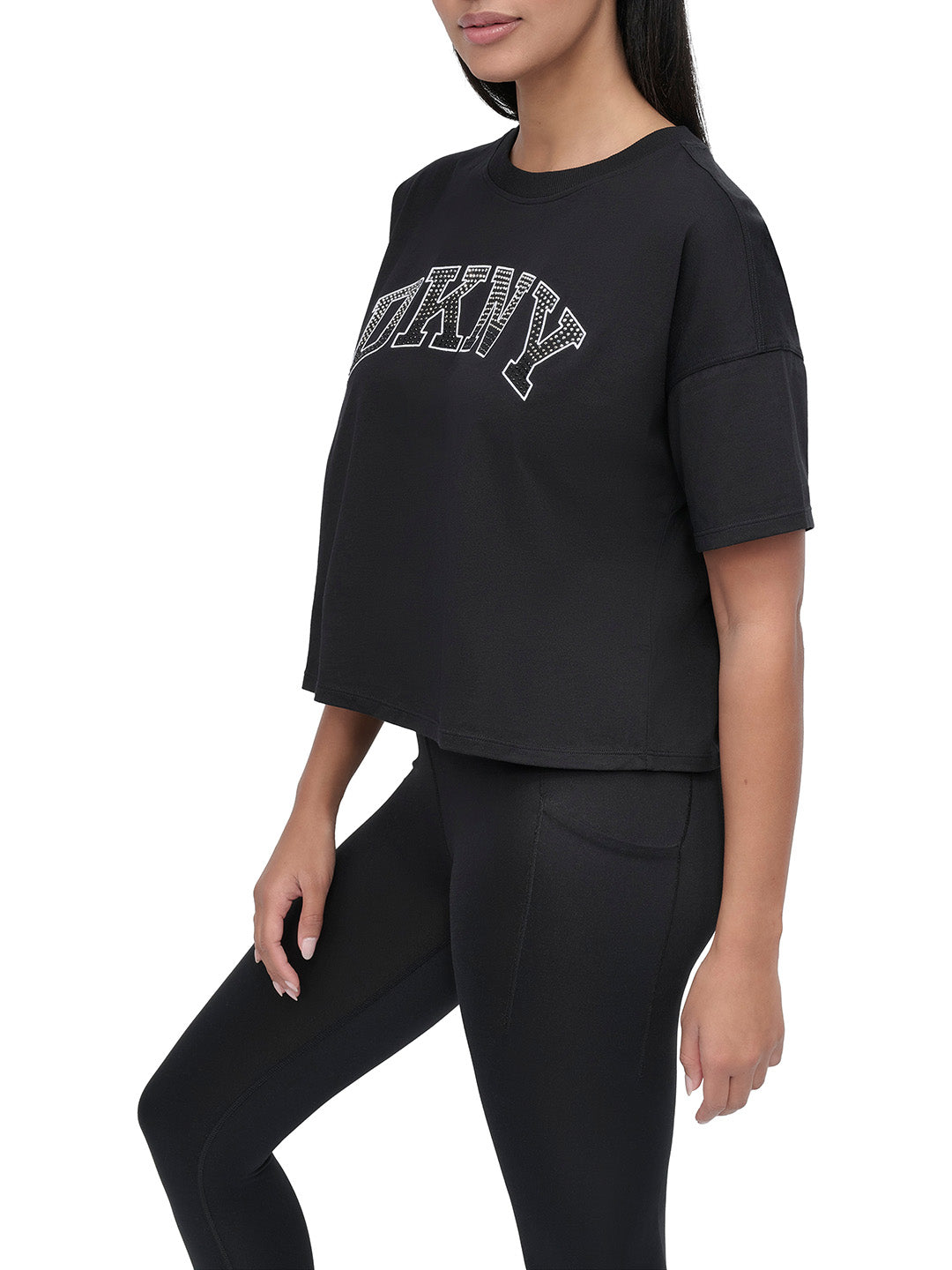 DKNY Women Black Embellished Round Neck Tshirt