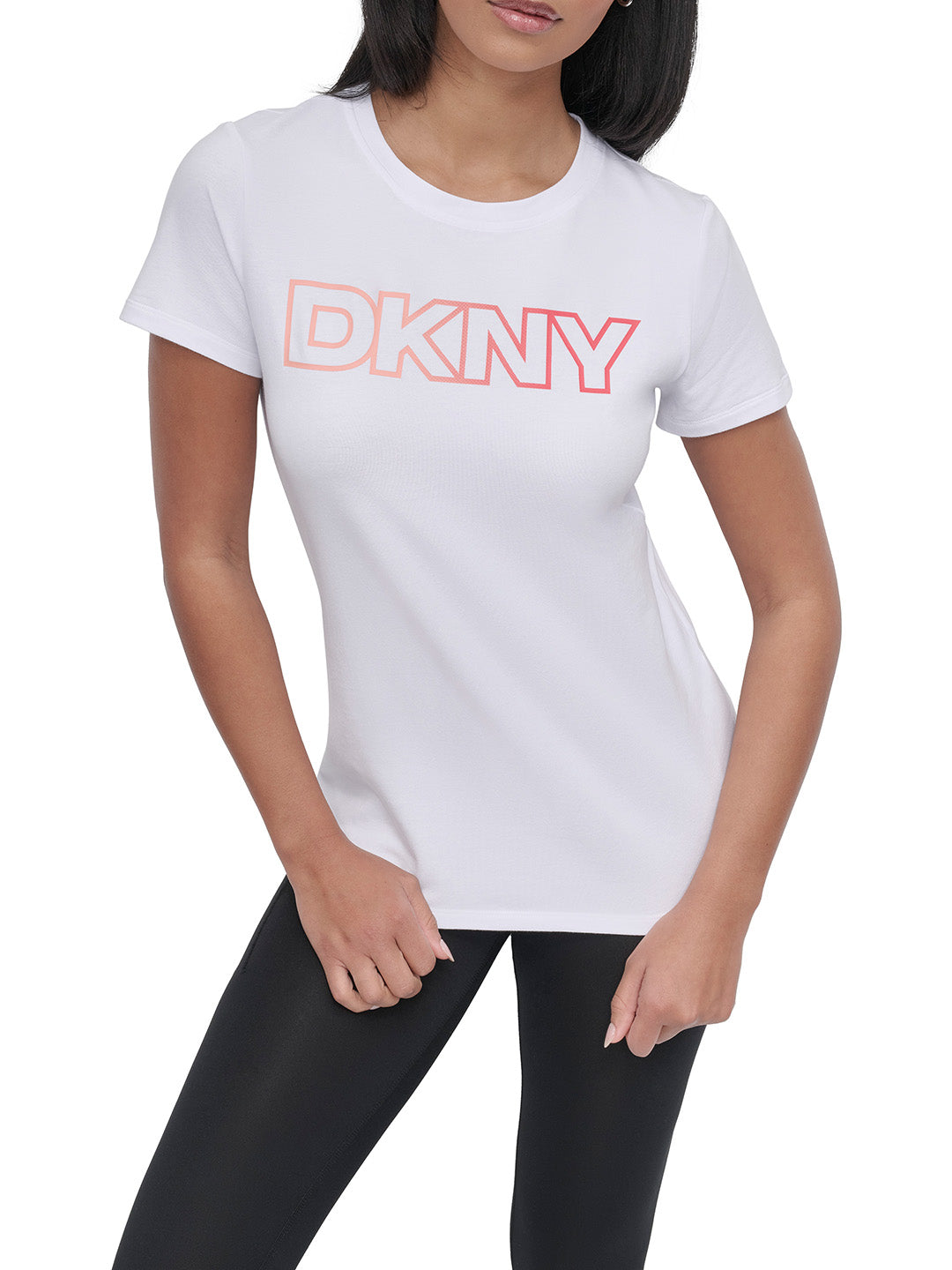 DKNY Women White Solid Round Neck Tshirt