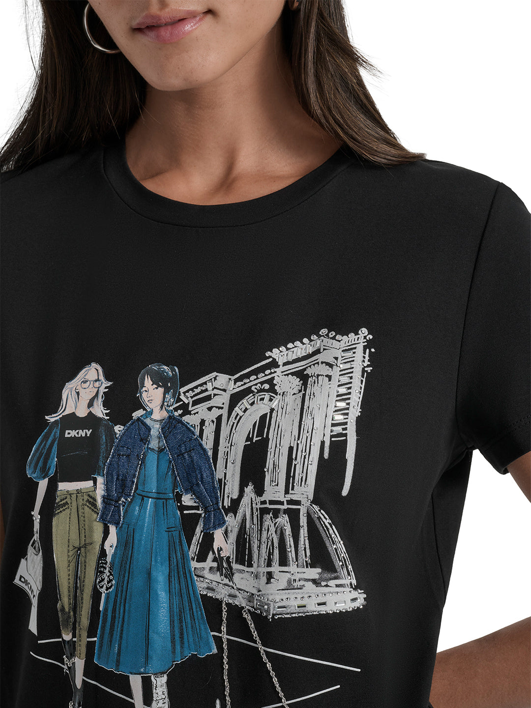 DKNY Women Black Placement Print Round Neck Tshirt