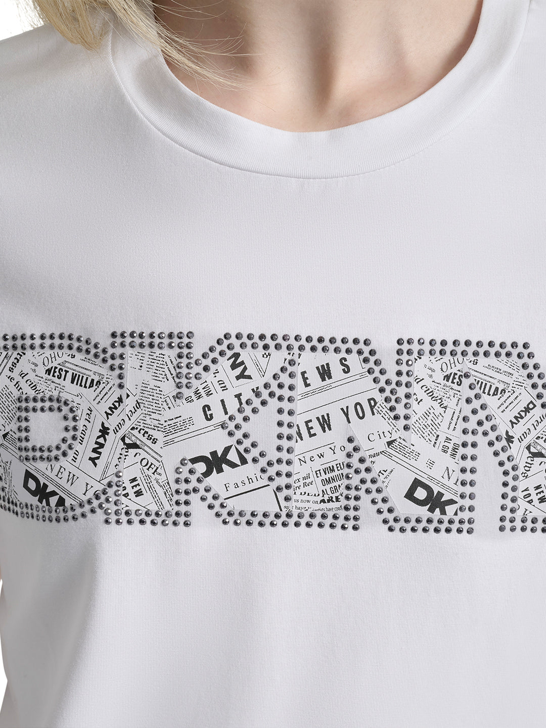 DKNY Women White Solid Round Neck Tshirt