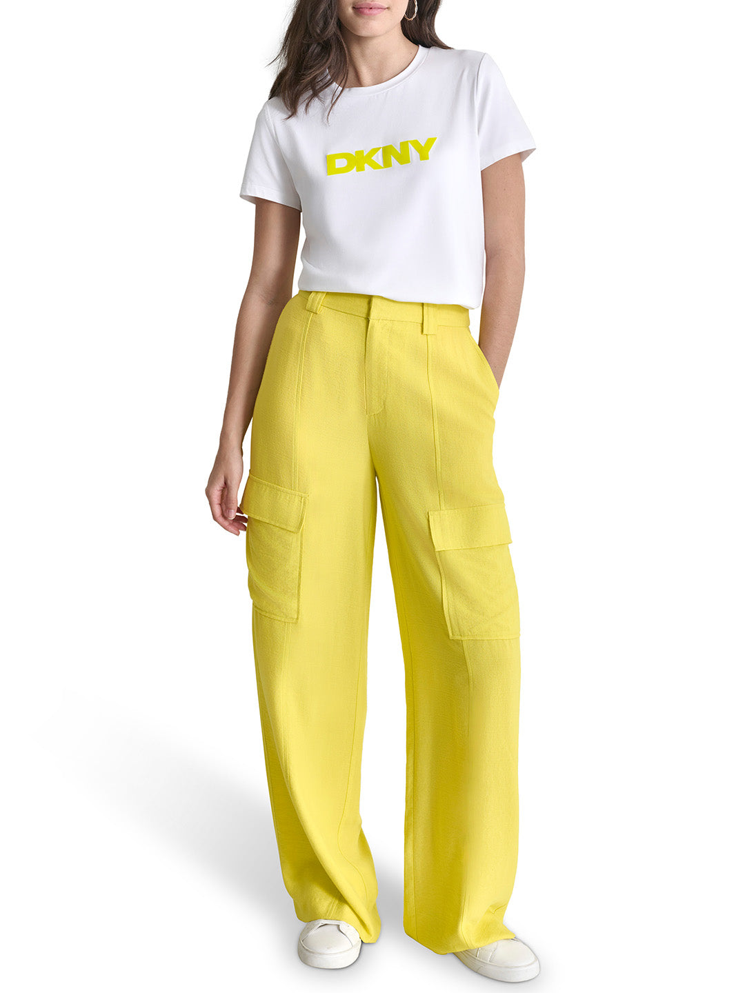 DKNY Women White Solid Round Neck Tshirt
