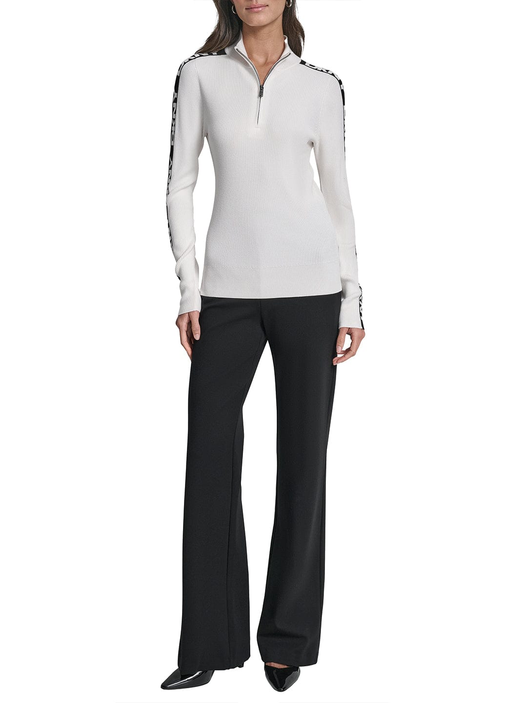 DKNY Women White Tape Stand Collar Sweater