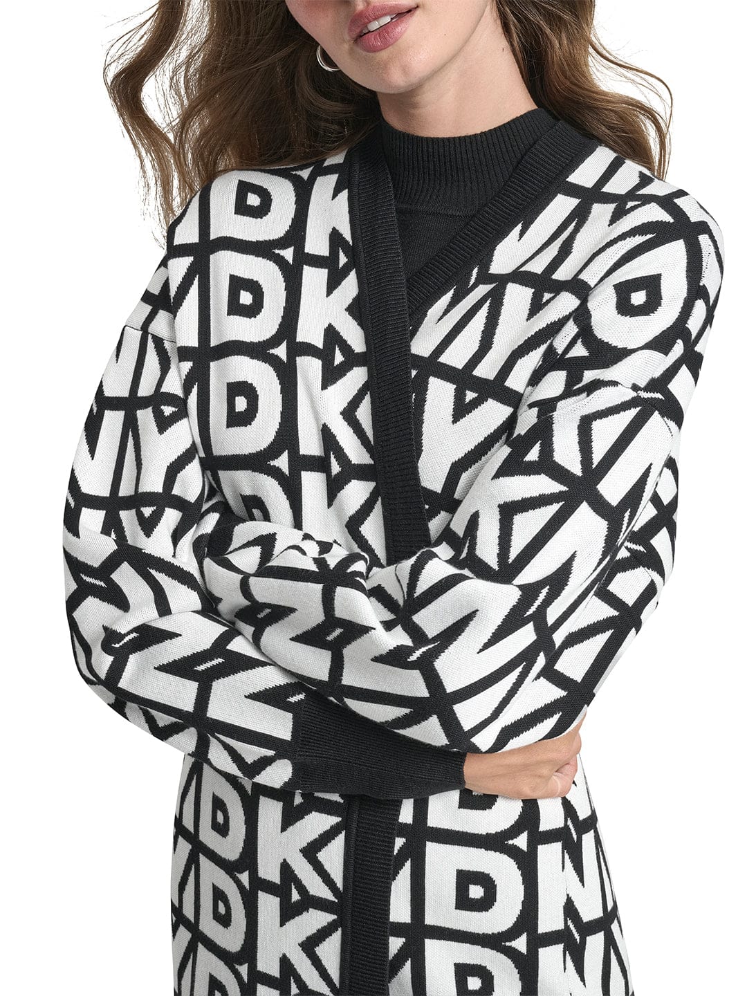 DKNY Women Black Printed Mandarin Collar Sweater