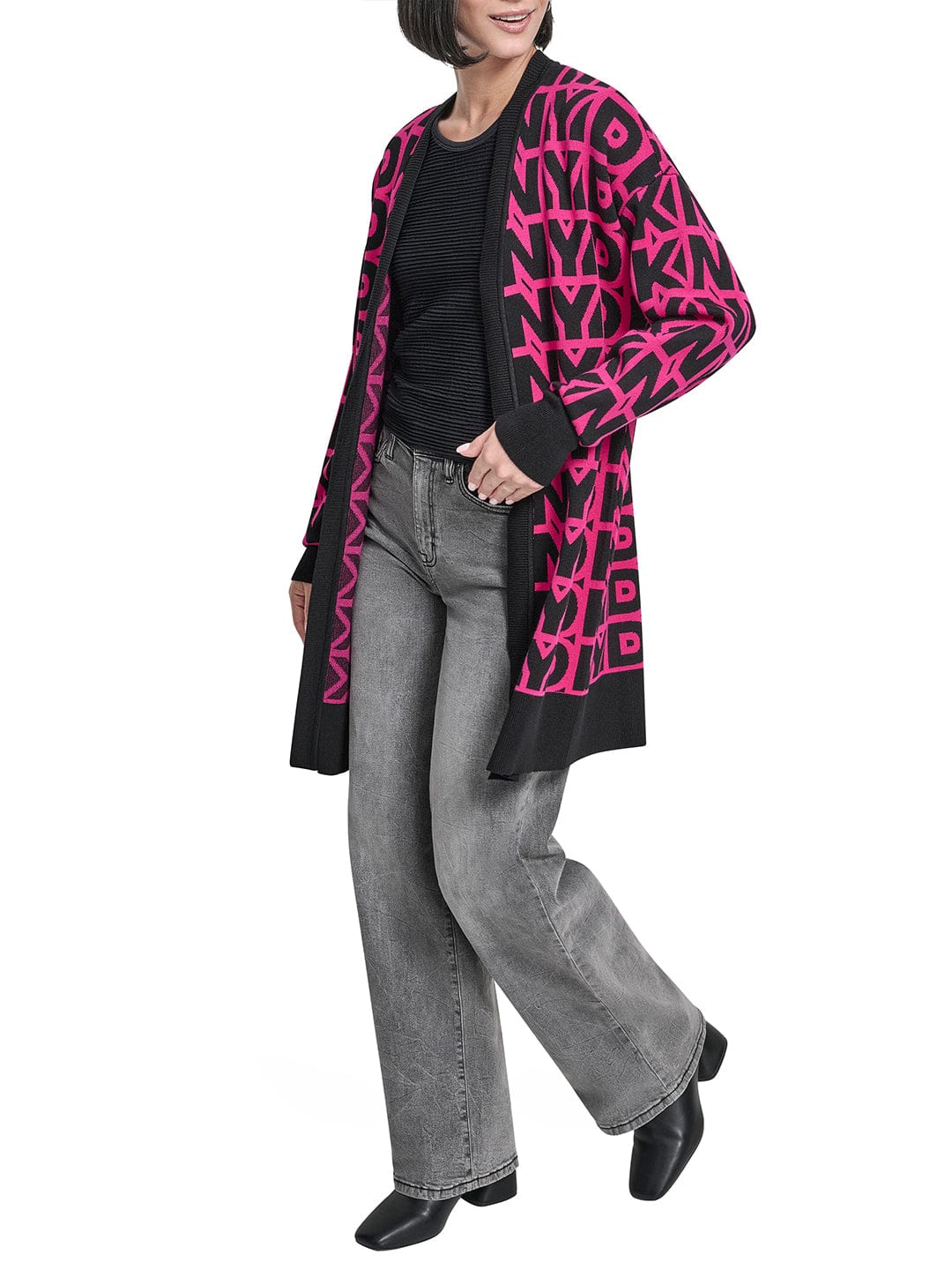 DKNY Women Pink Printed Mandarin Collar Sweater