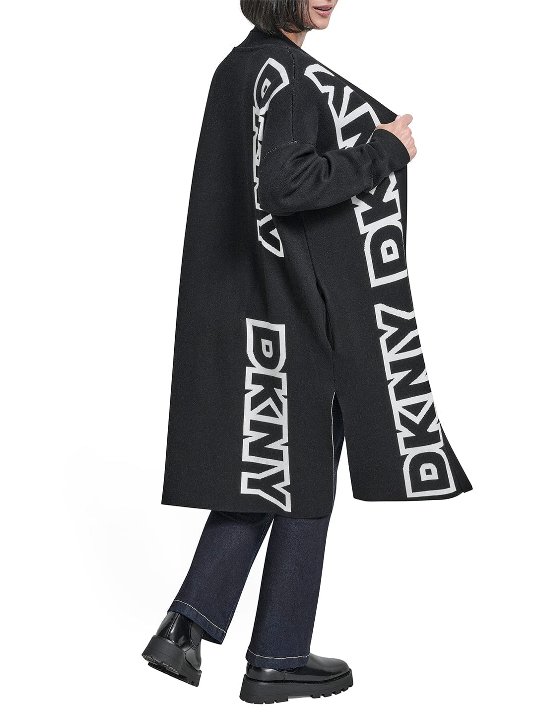 DKNY Women Black Placement Print Mandarin Collar Sweater