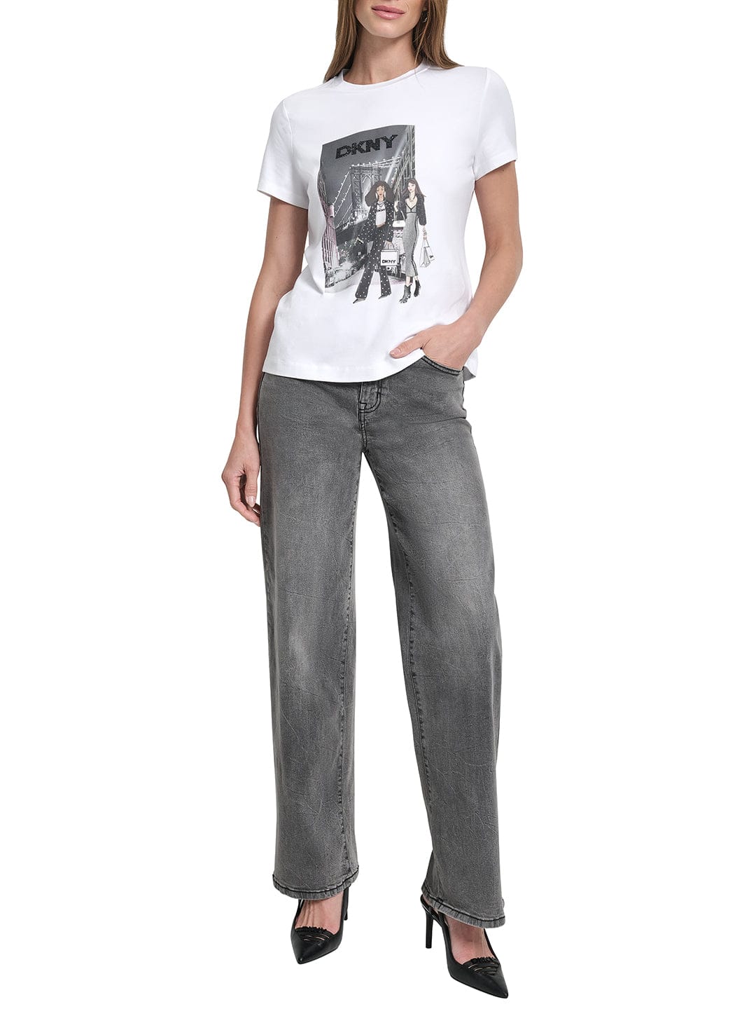 DKNY Women White Placement Print Round Neck Tshirt