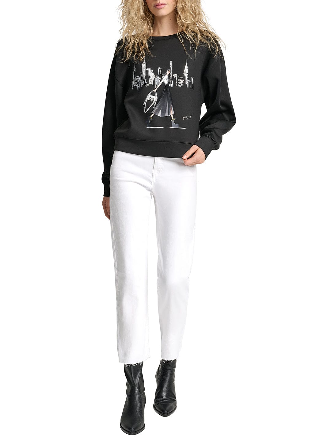 DKNY Women Black Placement Print Round Neck Sweatshirt