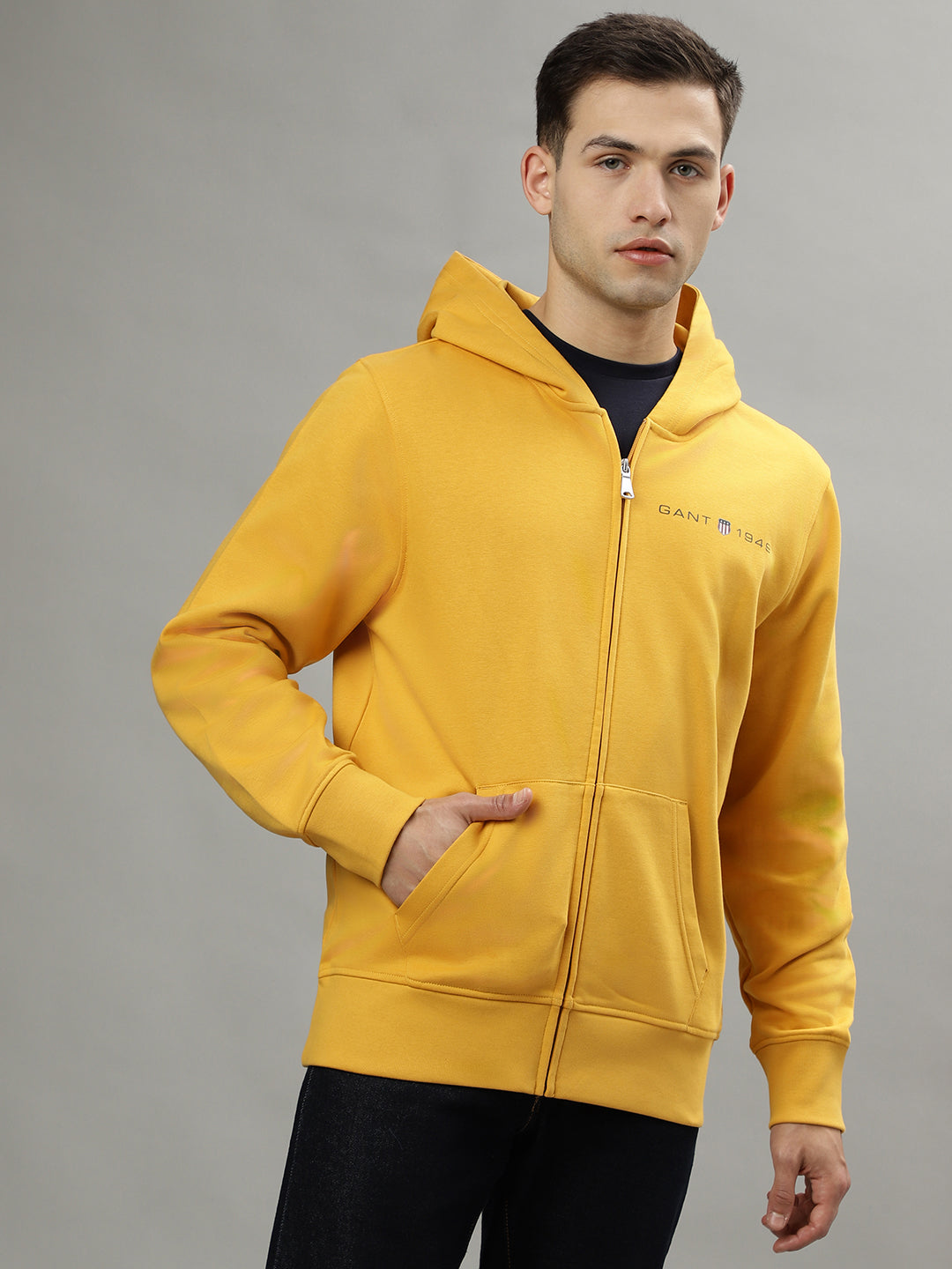 Shop Gant Men Yellow Solid Hooded Long Sleeves Sweatshirt Online