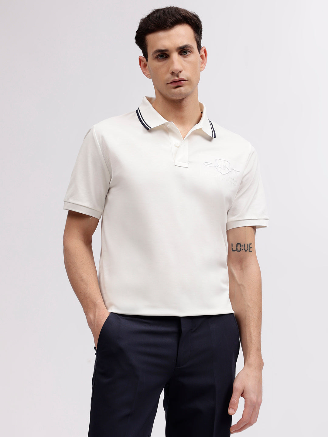 Shop Gant Men Off White Solid Polo Collar Short Sleeves T-shirt