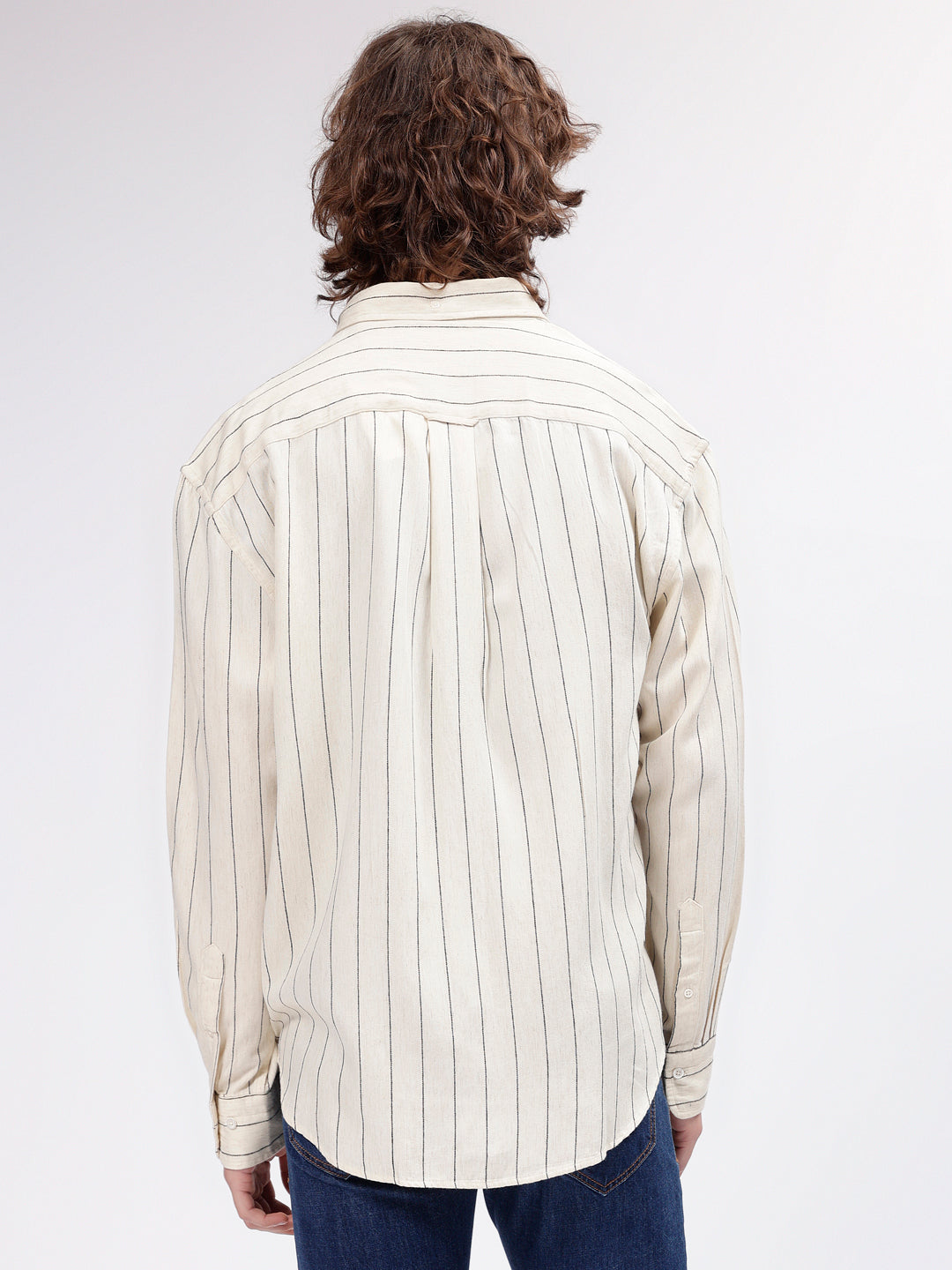 Gant Men Cream Striped Button Down Full Sleeves Linen Shirt