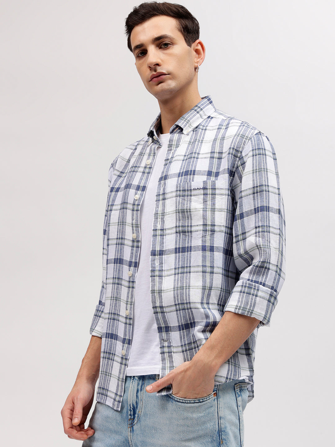 Gant Men Off White Checked Button-down Collar Full Sleeves Linen Shirt