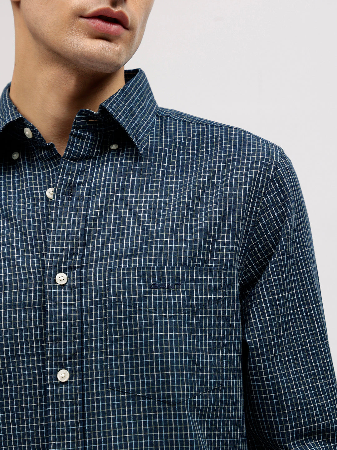 Gant Men Blue Checked Button-down Collar Full Sleeves Shirt