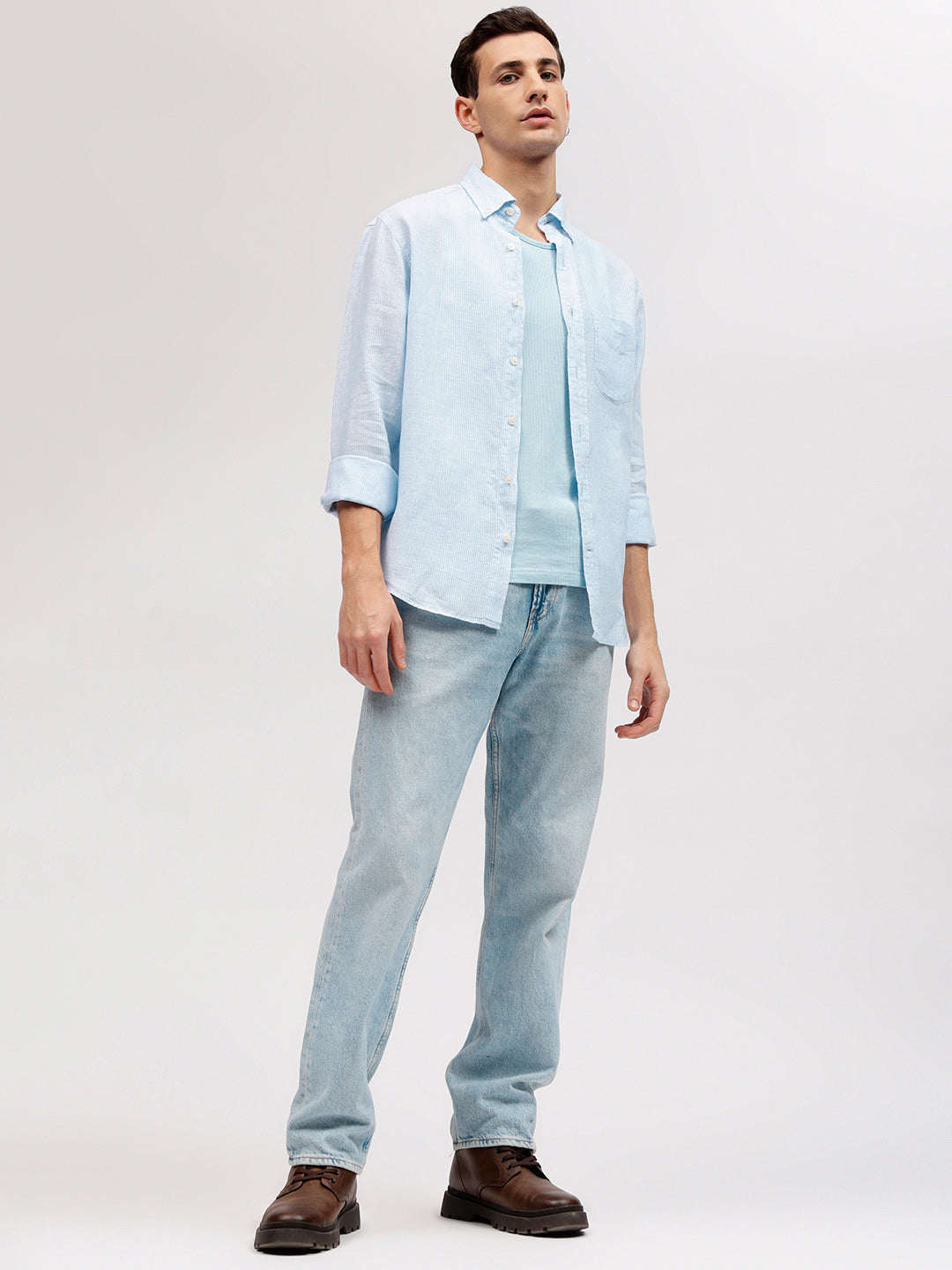 Gant Men Blue Striped Button-down Collar Full Sleeves Linen Shirt