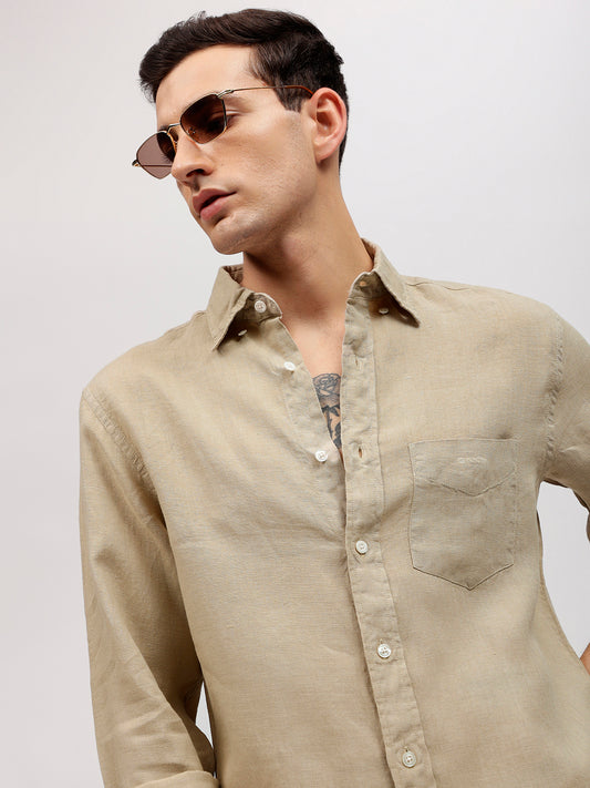 Gant Men Beige Solid Button-down Collar Full Sleeves Shirt