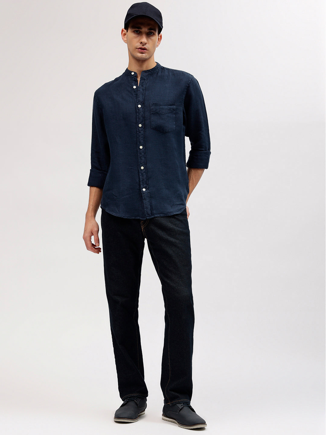 Gant Men Blue Solid Band Collar Full Sleeves Linen Shirt