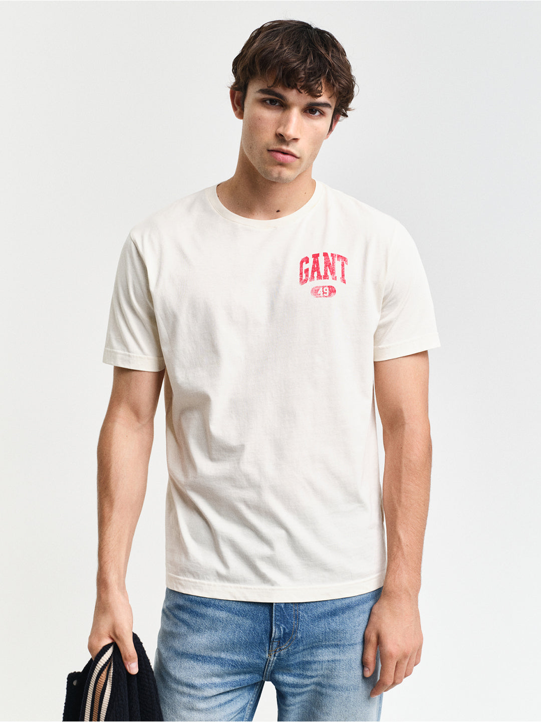 Gant Men Cream Solid Round Neck Short Sleeves Tshirt