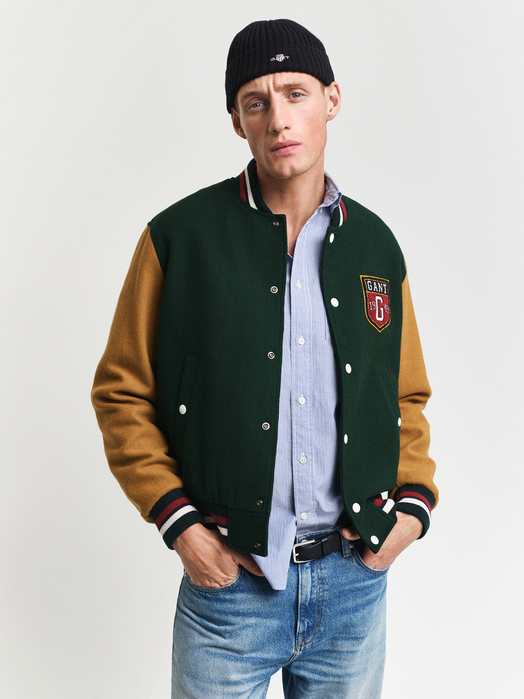Shop Gant Men Green Color-Blocked Stand Collar Full Sleeves Bomber Jacket  Online