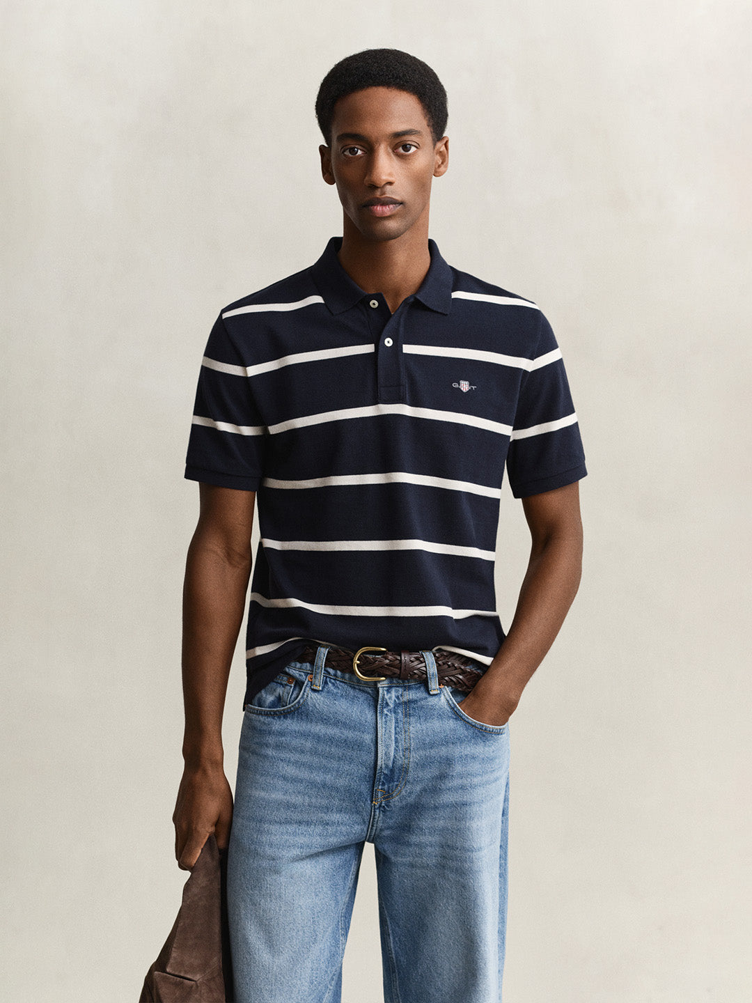 GANT Men Navy Blue Striped Organic Cotton Polo T-Shirt