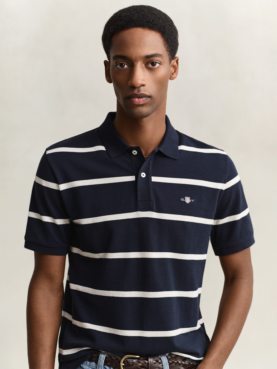 Gant Men Navy Blue Striped Regular Fit Polo T-Shirt