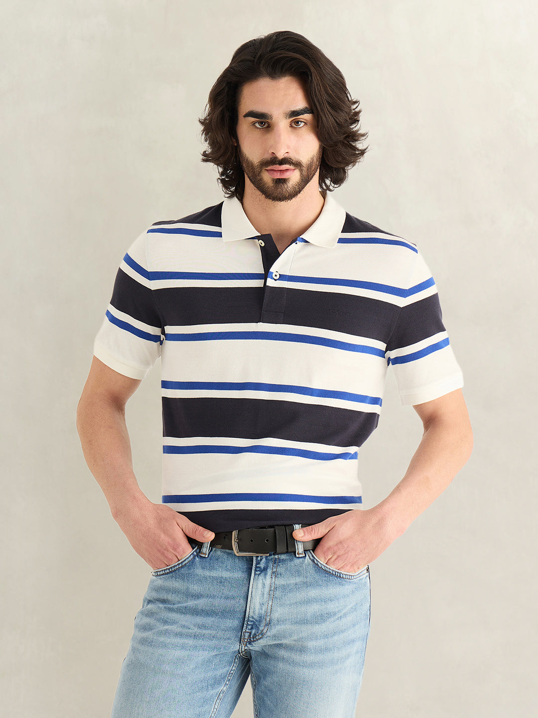 Gant Men Blue Striped Regular Fit Polo T-Shirt