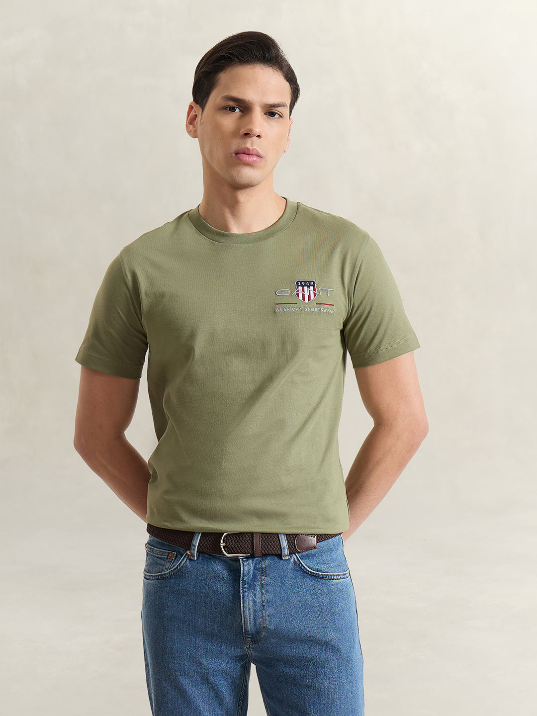 GANT Men Olive Green Solid T-Shirt
