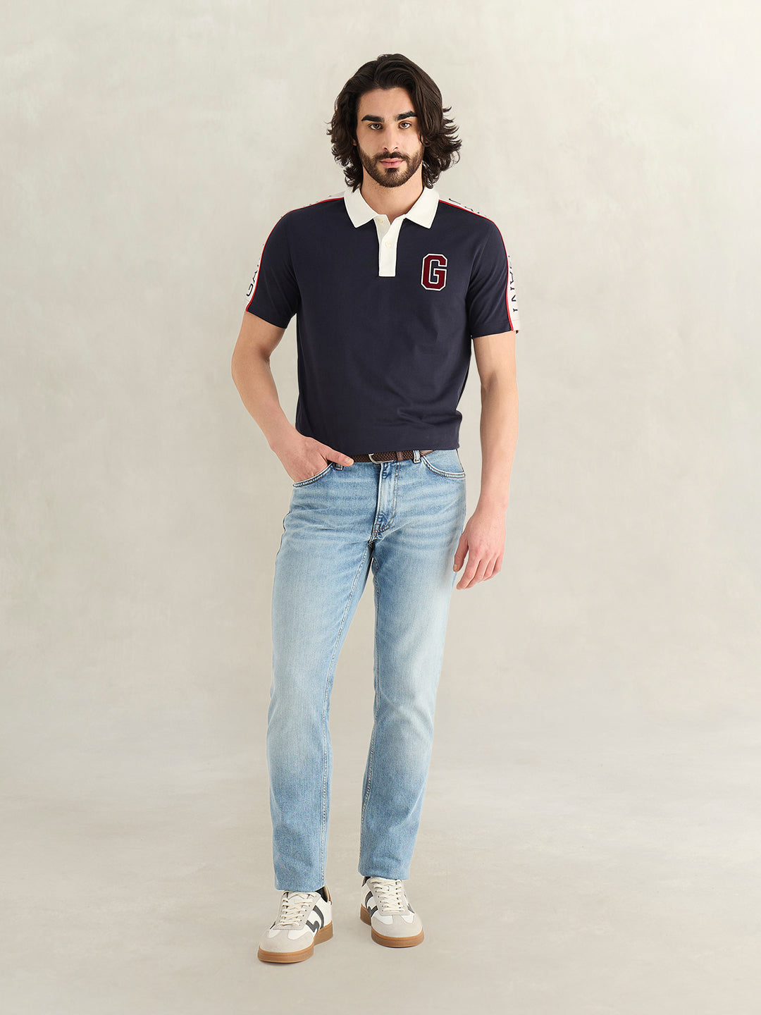 Gant Men Navy Blue Logo Print Regular Fit Pure Cotton Polo T-Shirt