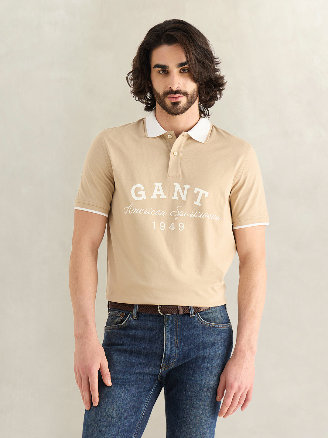 Gant Men Beige Printed Regular Fit Pure Cotton Polo T-Shirt