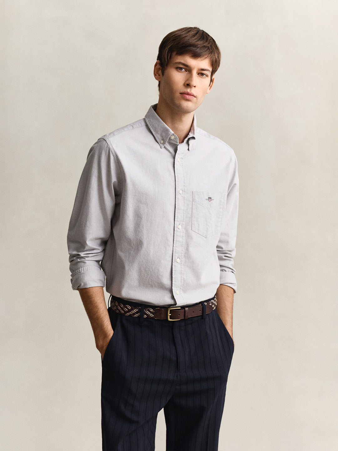 Gant Men Grey Solid Regular Fit Classic Oxford Shirt
