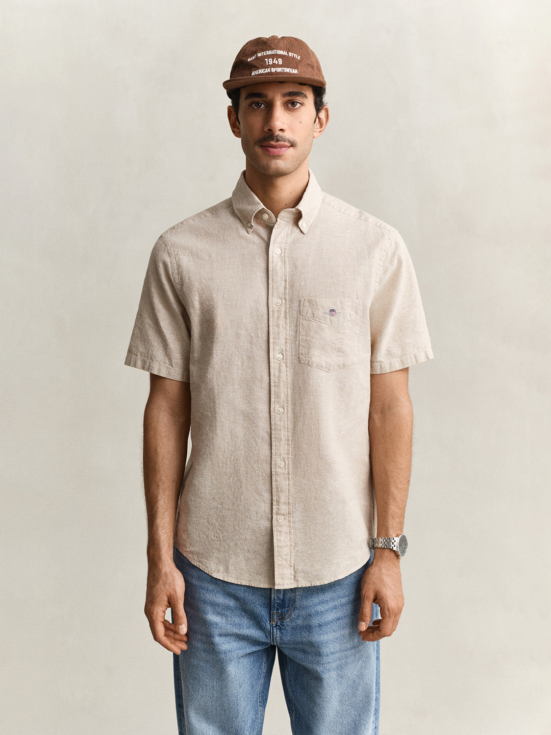 Gant Men Beige Solid Regular Fit Cotton Linen Shirt