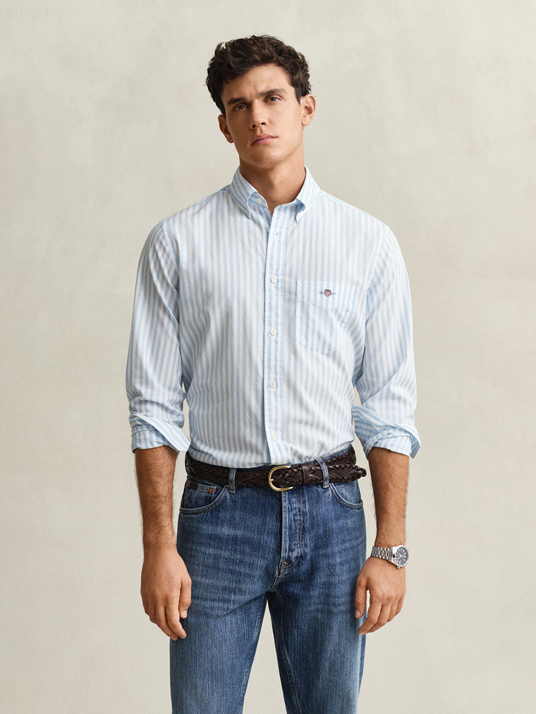 GANT Men Blue Striped Regular Fit Poplin Shirt