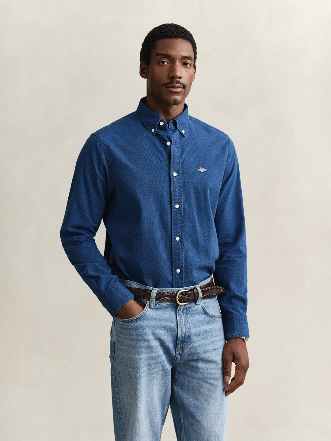 GANT Men Navy Blue Regular Fit Seersucker Shirt