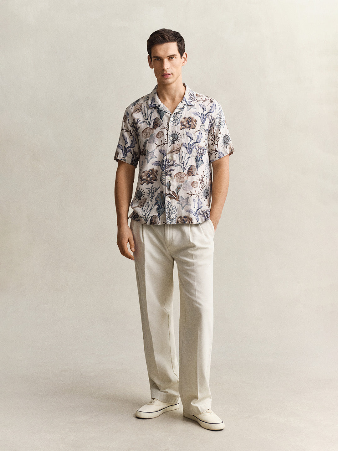 GANT Men Beige Printed Floral Linen Shirt
