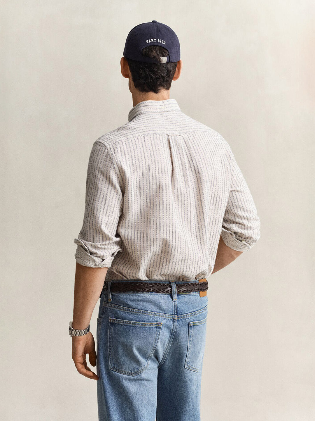 Gant Men Beige Striped Regular Fit Cotton Linen Shirt