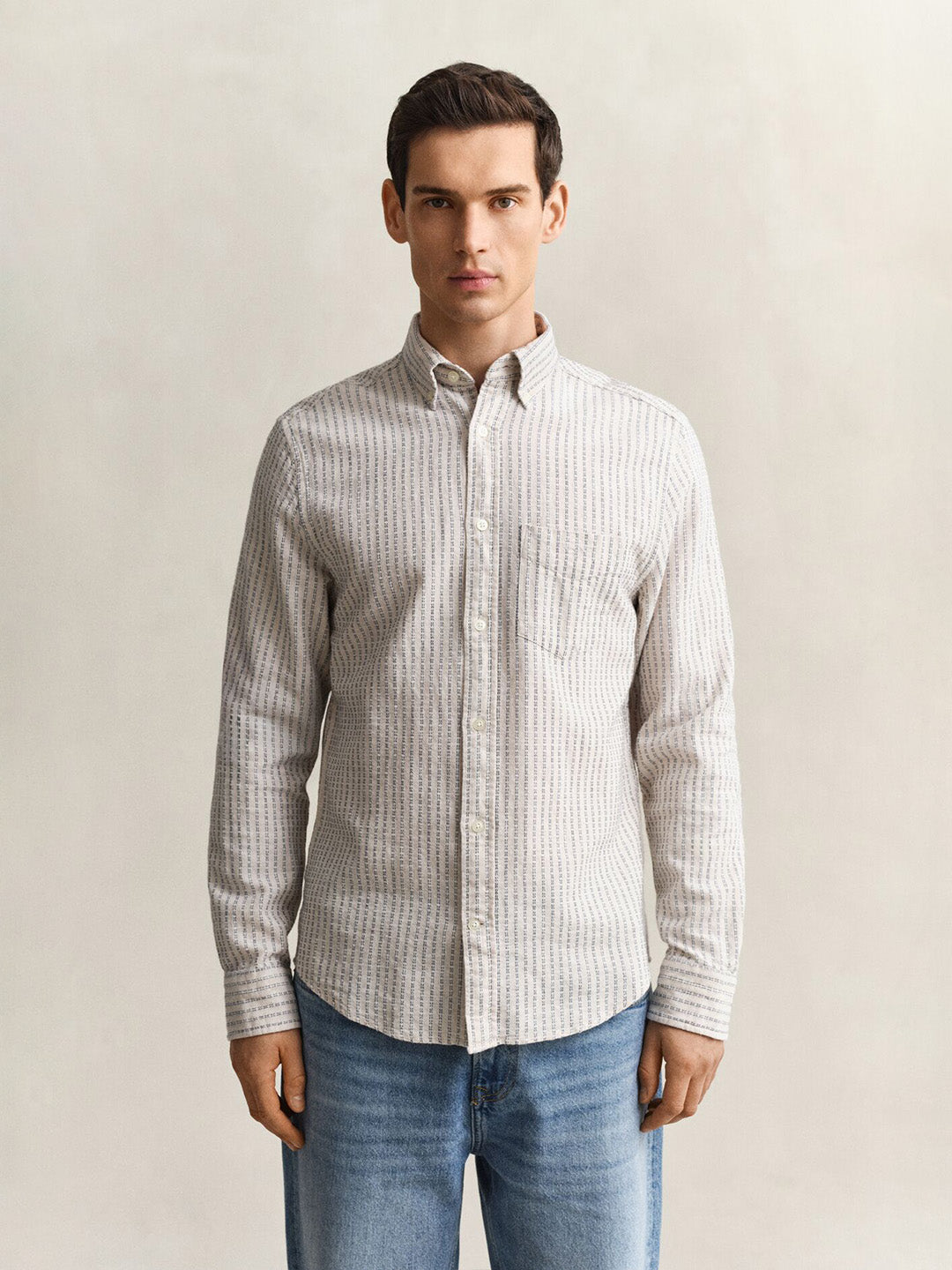 Gant Men Beige Striped Regular Fit Cotton Linen Shirt