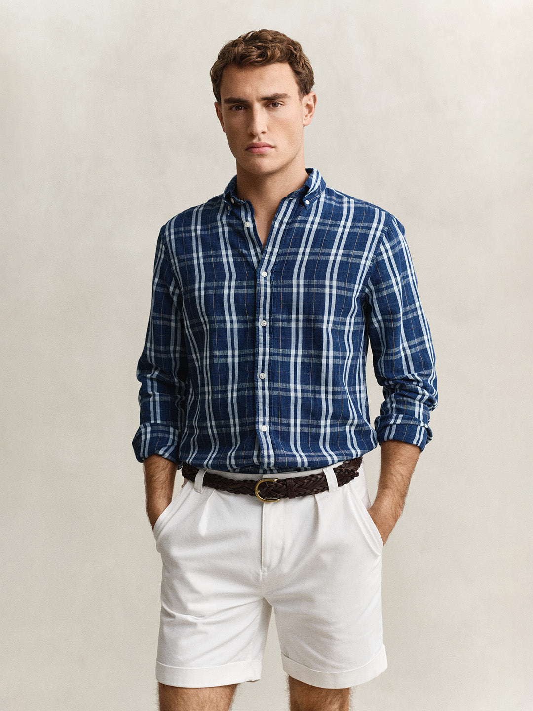 Gant Men Navy Blue Check Linen Blend Shirt