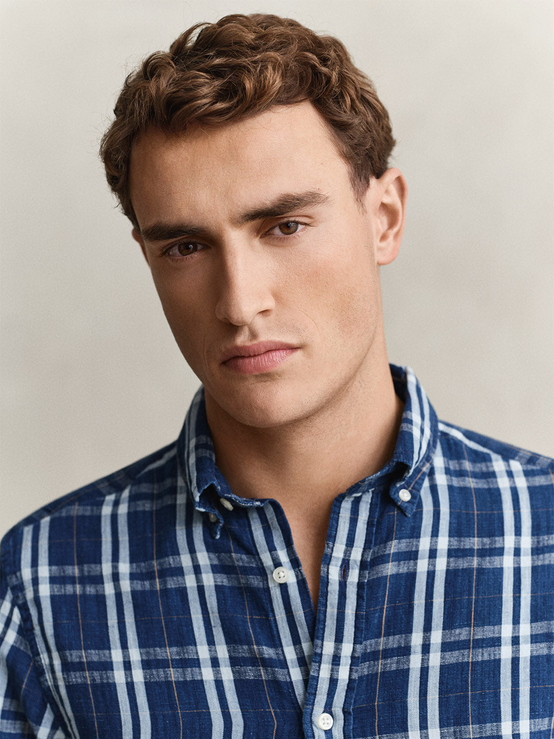 Gant Men Navy Blue Check Linen Blend Shirt