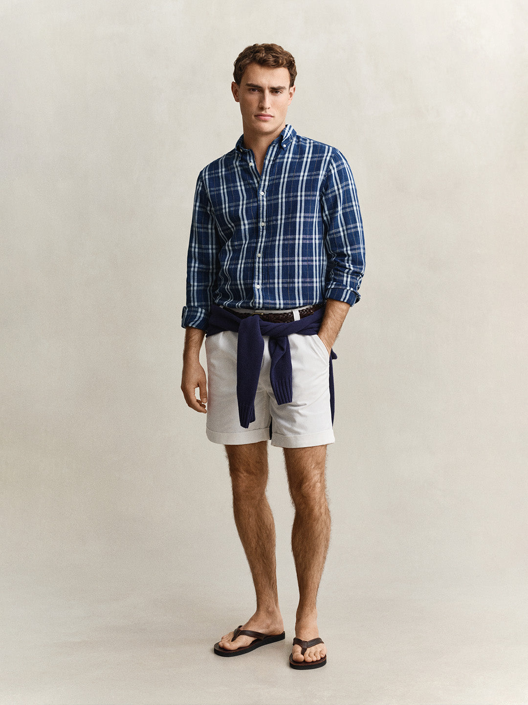 Gant Men Navy Blue Check Linen Blend Shirt