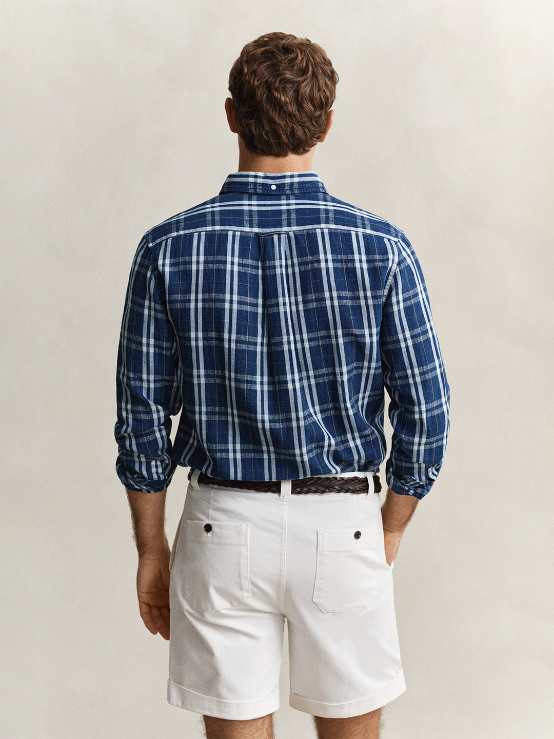 Gant Men Navy Blue Check Linen Blend Shirt