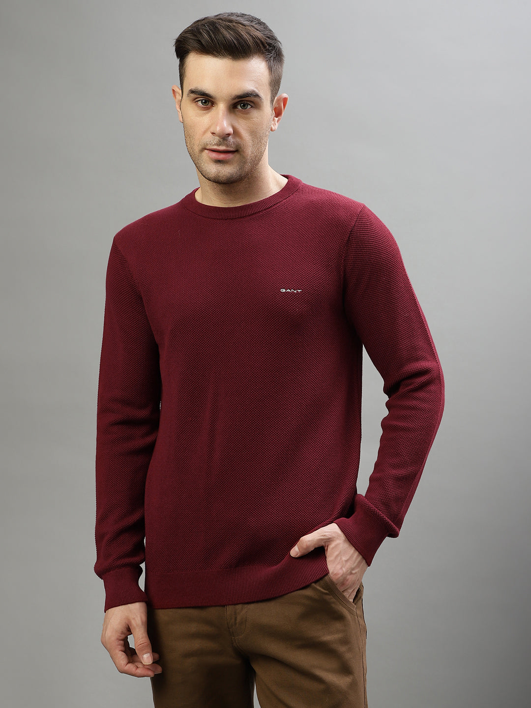 Gant Men Solid Round Neck Full Sleeves Sweater