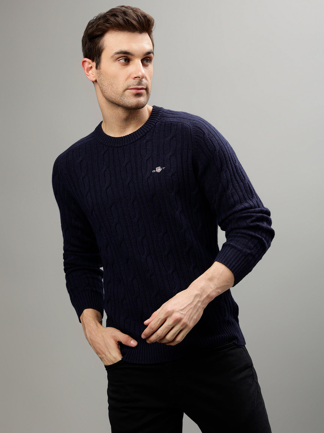 Shop Gant Men Solid Round Neck Long Sleeves Sweater Online