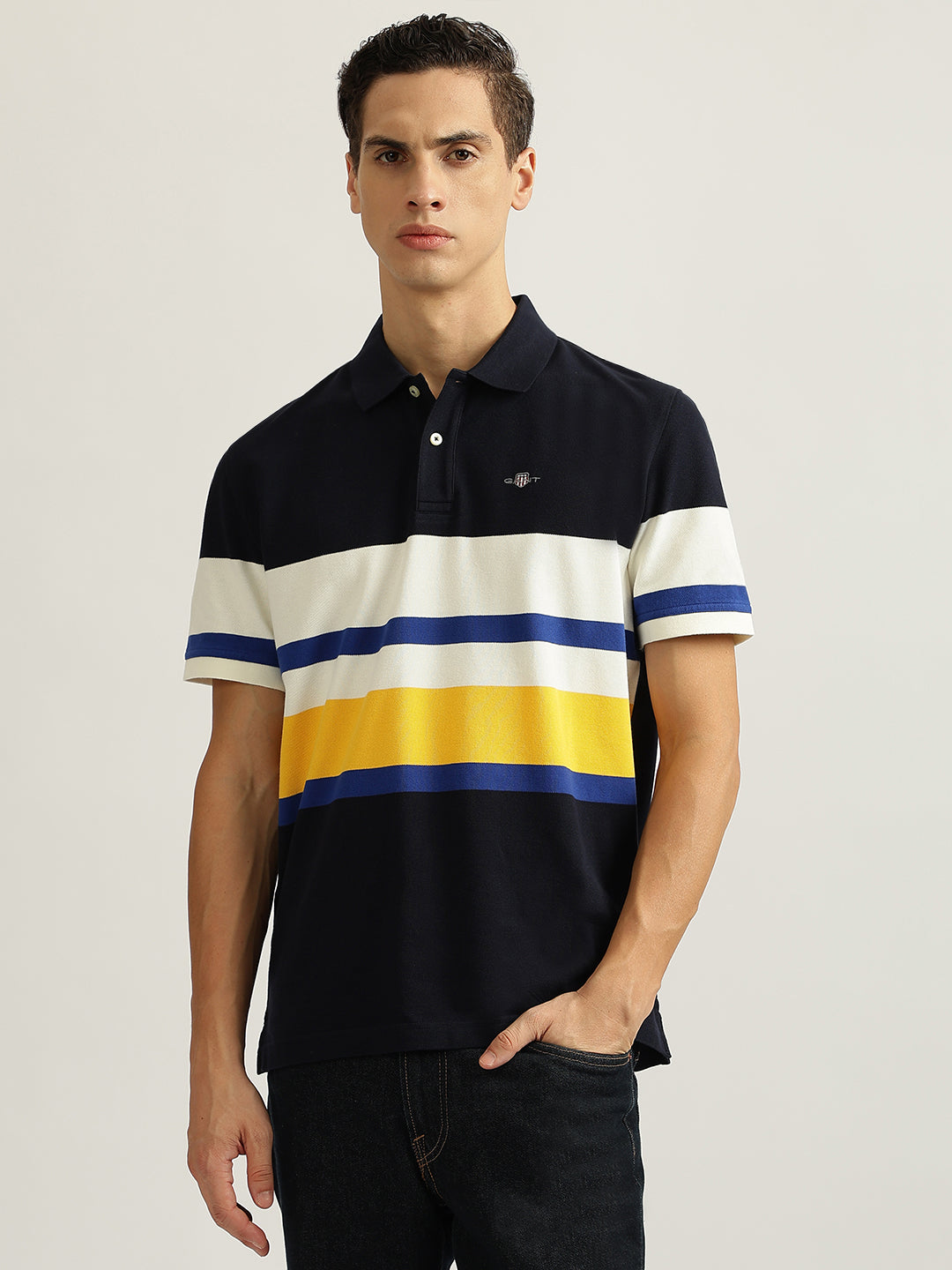 Shop Gant Men Navy Blue Striped Collared Short Sleeves Polo T