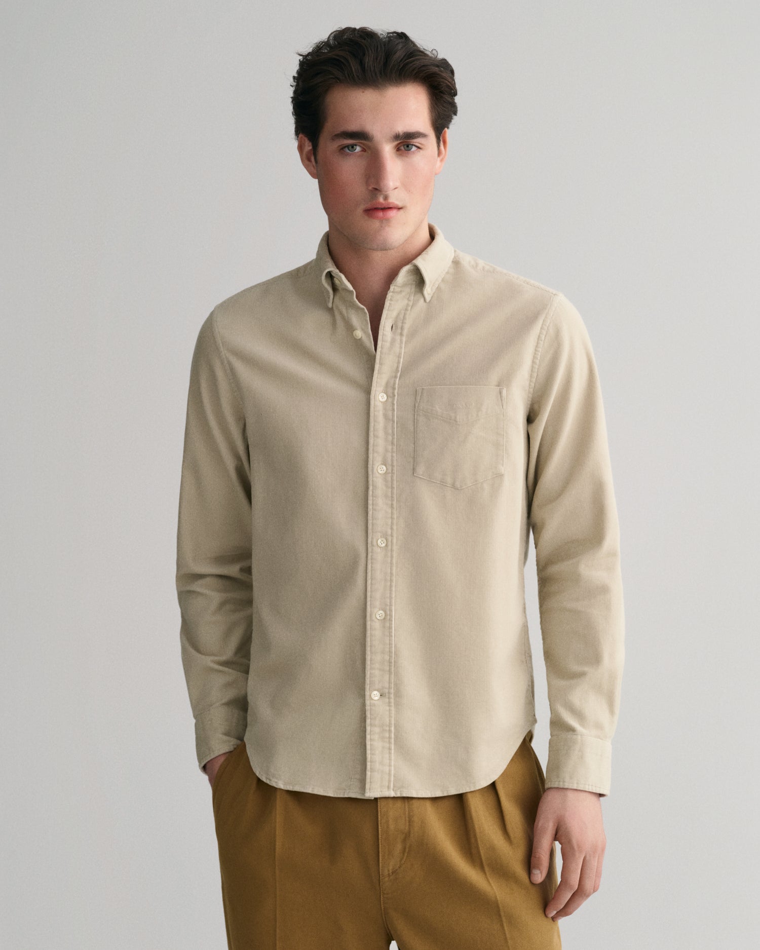 Shop Gant Men Beige Solid Button-Down Collar Full Sleeves Corduroy Shirt  Online