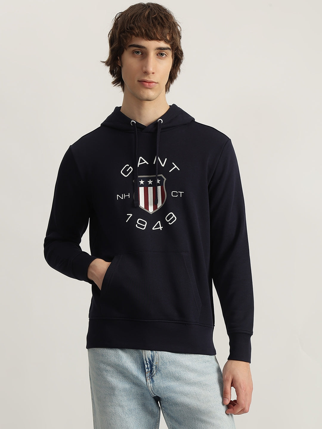 Shop Gant Men Navy Blue Printed Hooded Full Sleeves Pullover Style
