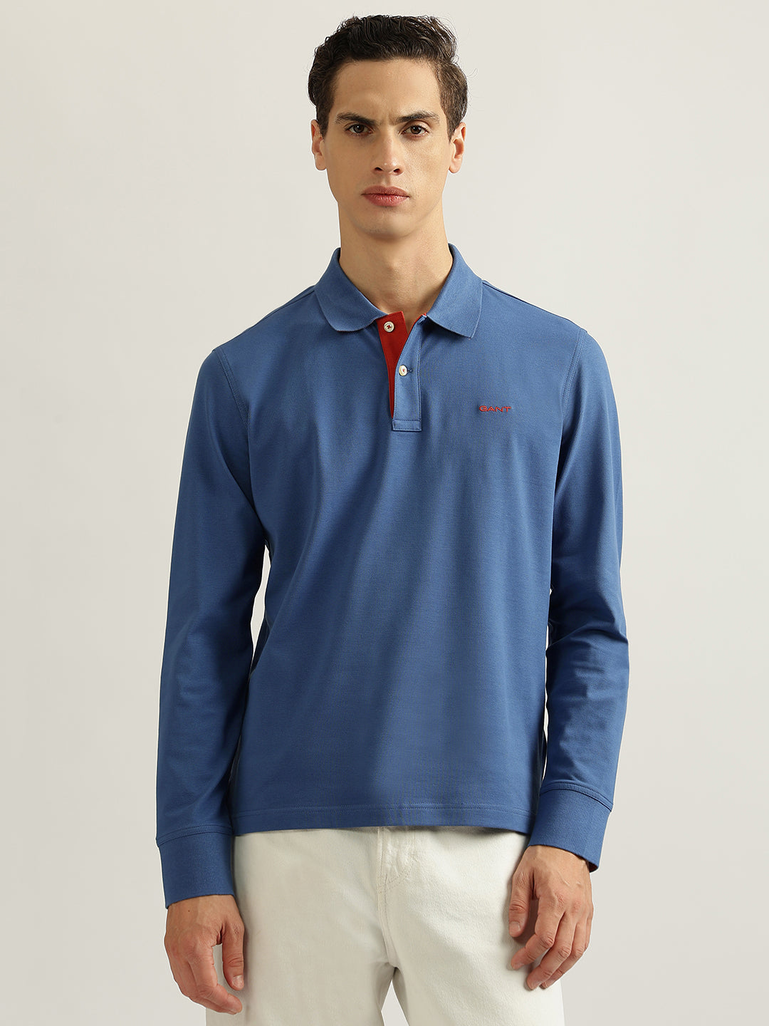 Shop Gant Men Blue Solid Collared Full Sleeves Polo T-Shirt Online